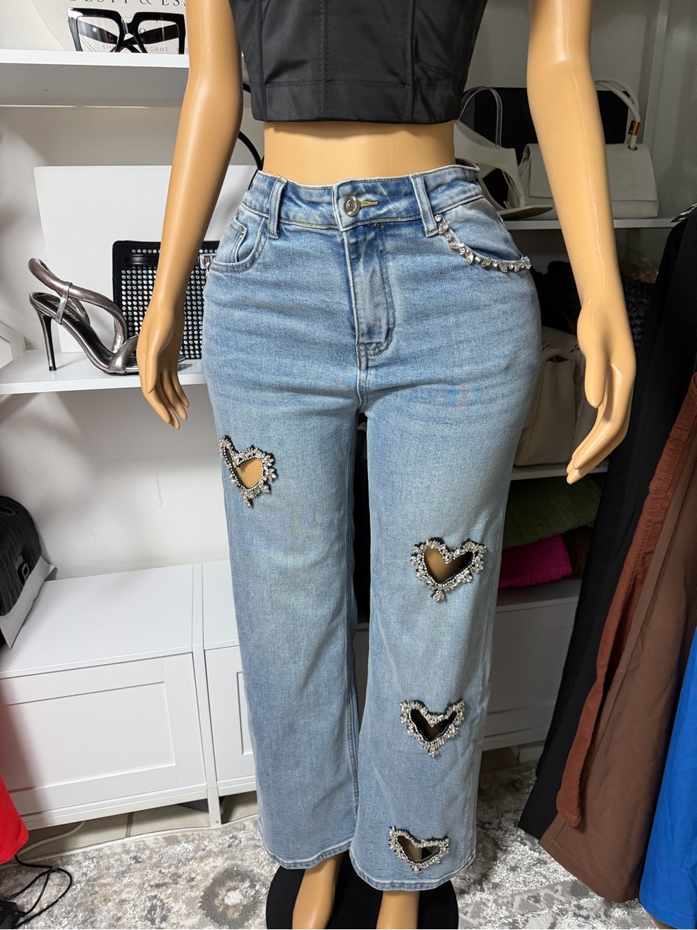 Embellished Heart Patch Light Blue Women's Jeans